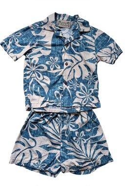 E&K Kids Hawaiian Tropical Shirt and Short Set Blue Cream Size 4